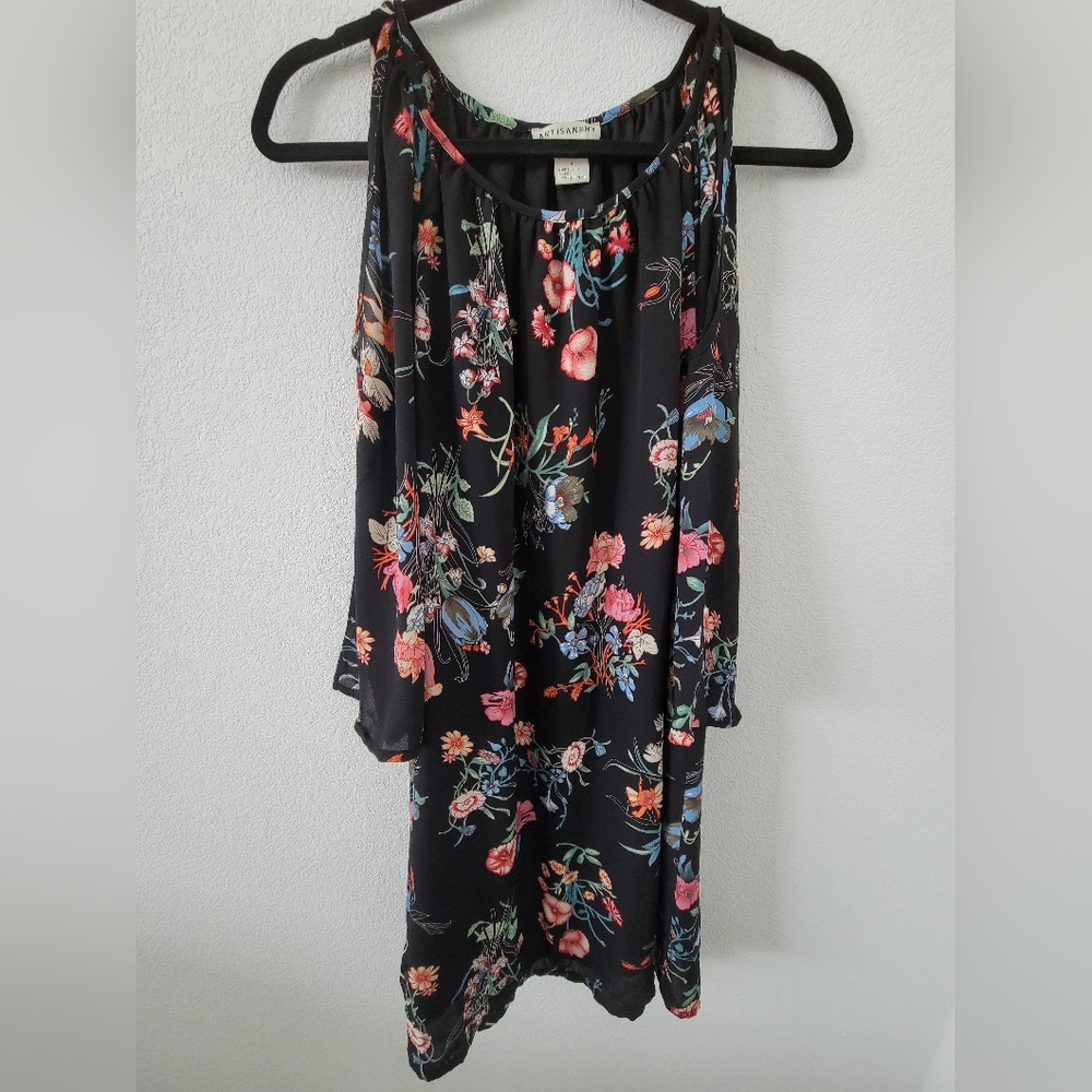 Size 4 black floral dress with exposed shoulder.